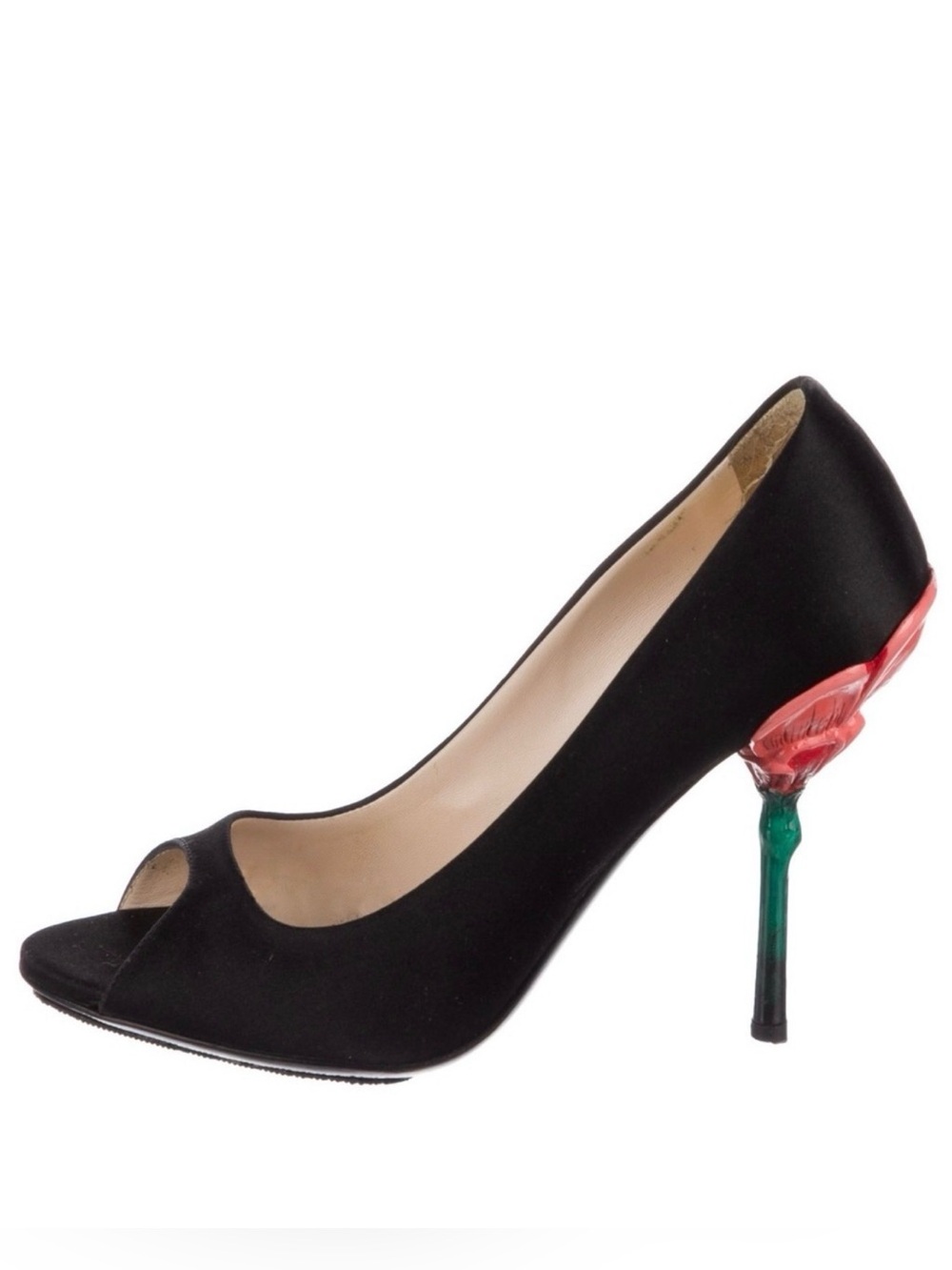 Prada Rose Floral Heel Satin Peep Toe Pumps